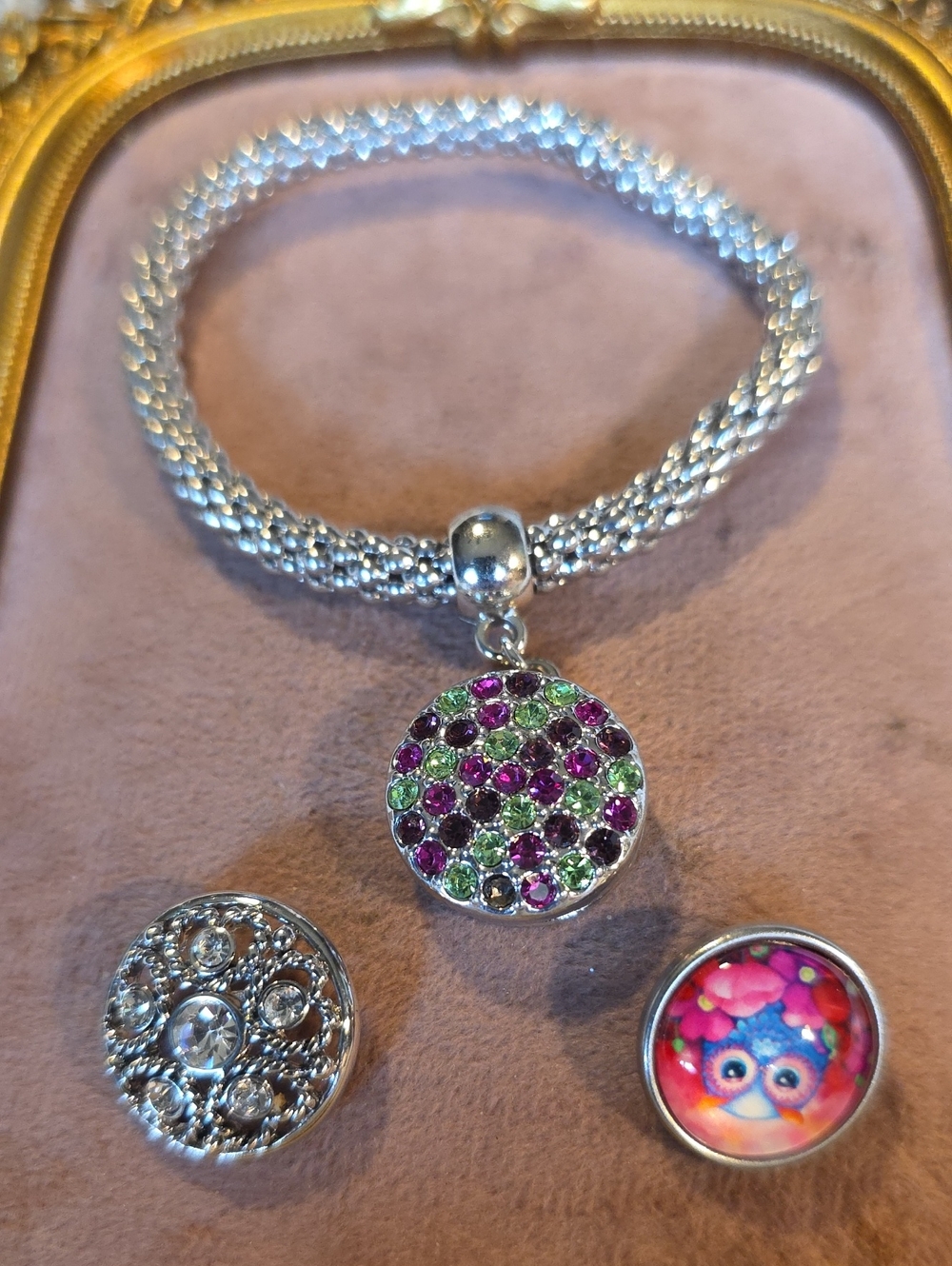 Vintage Interchangeable Ginger Snap Button Stretch Bracelet Set with 3 Snaps